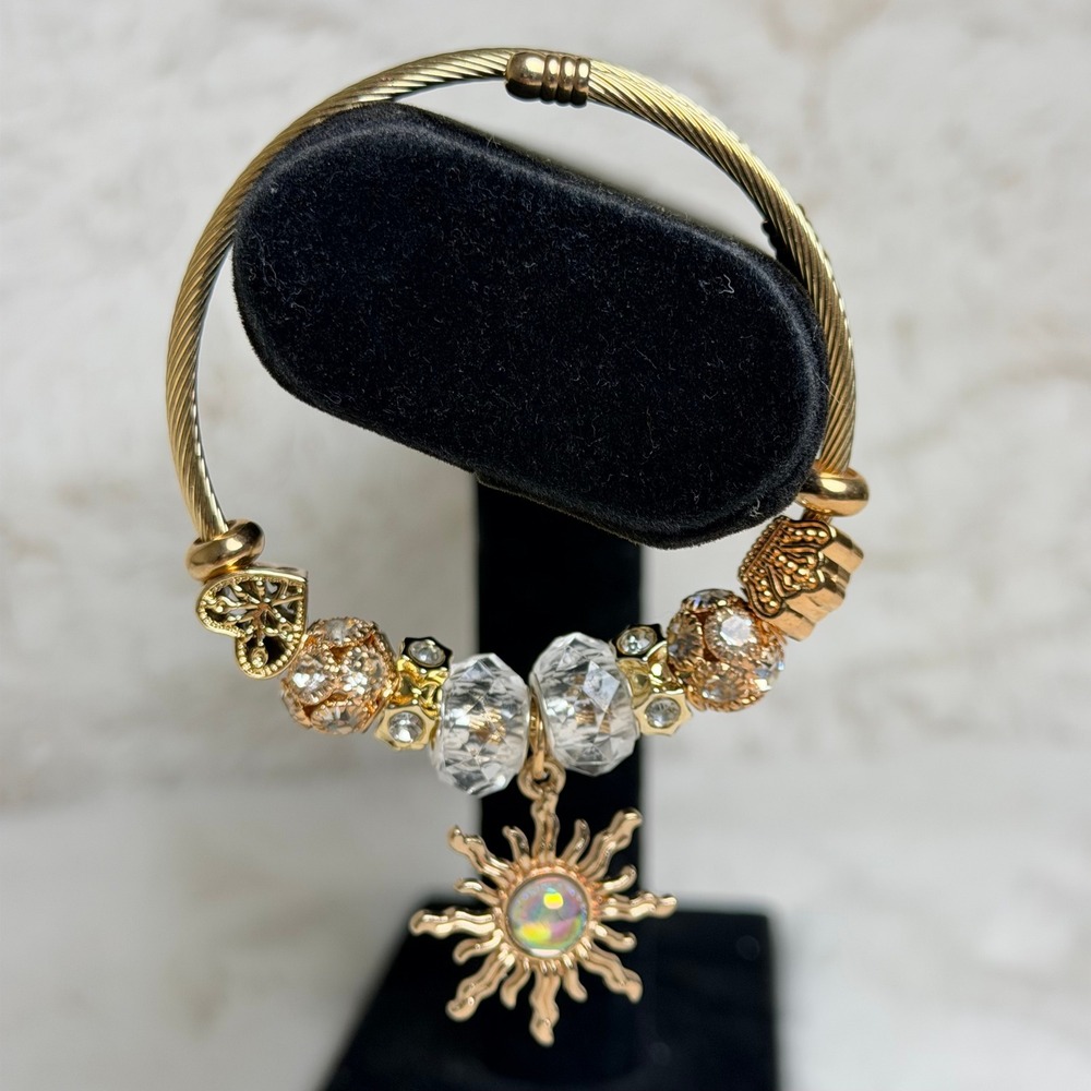 Gold Tone Sunburst Charm Bangle Bracelet Iridescent Sun Celestial Wire Wrap